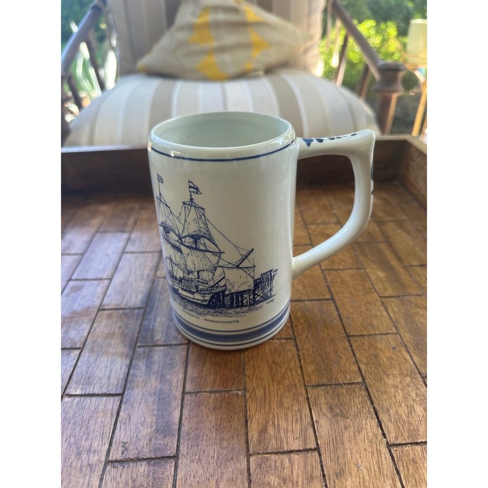 Delfts Holland Hand Painted Blue White Sailing Ship Plymouth MA Ceramic Mug VGUC